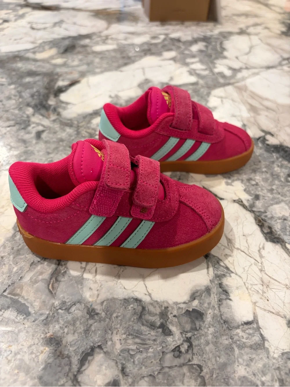 adidas Originals Kids Hot Pink Suede Sneakers with Blue Stripes